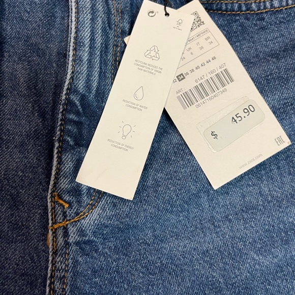 NWT Zara Straight Fit Super High Rise Long Length Rigid Dark Blue Jeans - Picture 9 of 11